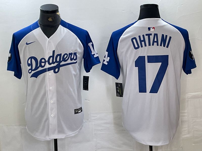 Men Los Angeles Dodgers #17 Ohtani White blue Fashion Nike Game MLB Jersey style 5->->